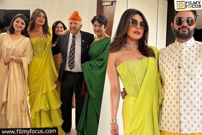 Priyanka Chopra Shines a Glow in Mishru’s Lime Green Ruffled Saree and Corset Blouse at her Sisters Engagement